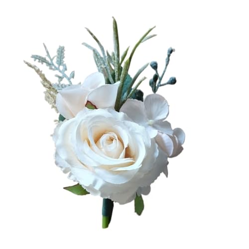 YGLEEULI Boutonnieres Blumen Künstliche weiße Rosen Seide Elfenbein Corsage Knopfloch Bräutigam Männer Boutonniere for Männer Hochzeitsaccessoires für Tanzparty(F) von YGLEEULI