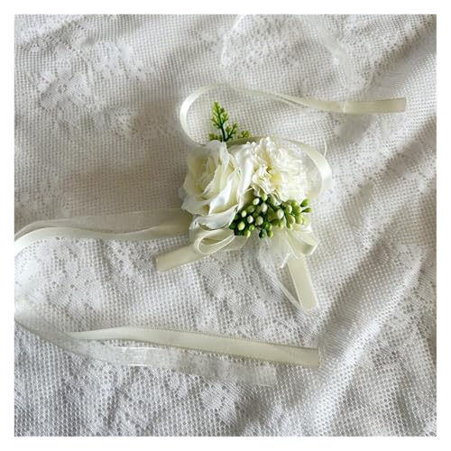 YGLEEULI Braut Handgelenk Corsage Hochzeit Brautjungfer Hand Blume Seide Künstliche Rose Band Armband Party Prom Dekorative für Tanzparty(White) von YGLEEULI