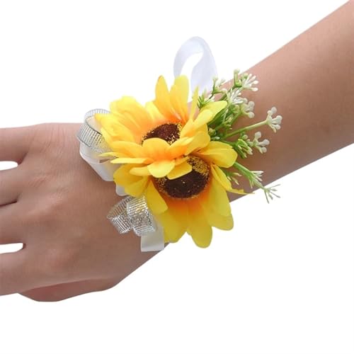 YGLEEULI Frauen Männer Gelbe Sonnenblumen Boutonniere for Party Hochzeit Tuch Decor Boutonniere Pin Braut Handgelenk Corsage Brautjungfer Armband für Tanzparty(Wrist Flower 2) von YGLEEULI