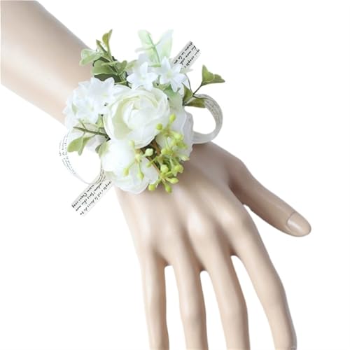 YGLEEULI Handgelenk Corsage Hochzeit Männer Boutonniere Mädchen Armband Bräutigam Pins Brautjungfer Handgelenk Corsage Blume Seide Rose Boutonniere für Tanzparty(Bracelet White D) von YGLEEULI