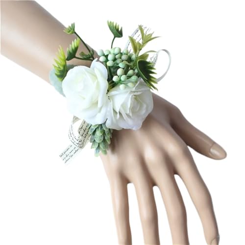 YGLEEULI Handgelenk Corsage Hochzeit Männer Boutonniere Mädchen Armband Bräutigam Pins Brautjungfer Handgelenk Corsage Blume Seide Rose Boutonniere für Tanzparty(Bracelet White E) von YGLEEULI