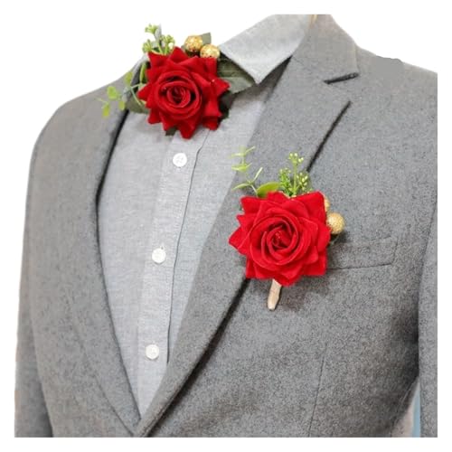 YGLEEULI Hochzeit Boutonniere Braut Brautjungfer Handgelenk Corsage Bräutigam Pins Handgelenk Corsage Blume Seide Rot Simulation Rose Boutonniere für Tanzparty(B) von YGLEEULI