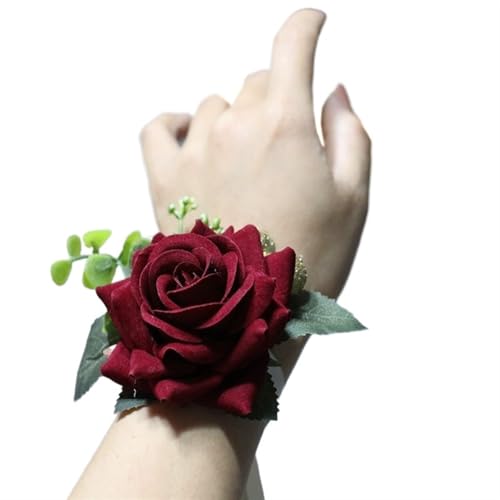 YGLEEULI Hochzeit Boutonniere Braut Brautjungfer Handgelenk Corsage Bräutigam Pins Handgelenk Corsage Blume Seide Rot Simulation Rose Boutonniere für Tanzparty(E) von YGLEEULI