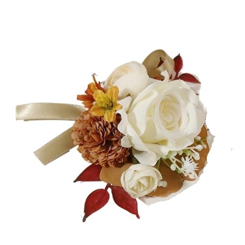 YGLEEULI Orange Kaffee Farbe Hochzeit Boutonniere Corsagen Handgemachte Künstliche Brautjungfer Bräutigam Hochzeit Zubehör Blume Pins für Tanzparty(Wrist Flower 04) von YGLEEULI