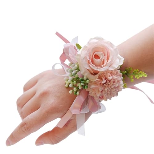 YGLEEULI Seide Rose Boutonniere Bräutigam Künstliche Blume Bouquet Corsage Braut Brosche Pins Knopfloch Hochzeit Party Zeremonie Schmuck für Tanzparty(Pink Wrist Flower) von YGLEEULI