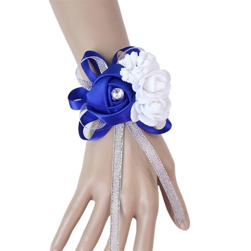 YGLEEULI Seidenrosen, weiße Ansteckblume for das Handgelenk, Blumen for Brautjungfern, Blumenarmband, rosa, blau, Brautschwestern, Hochzeitsaccessoires für Tanzparty(Deep- Blue) von YGLEEULI