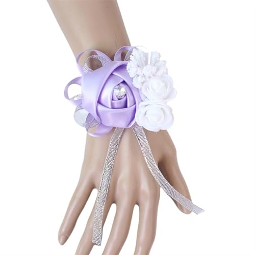 YGLEEULI Seidenrosen, weiße Ansteckblume for das Handgelenk, Blumen for Brautjungfern, Blumenarmband, rosa, blau, Brautschwestern, Hochzeitsaccessoires für Tanzparty(Light Purple) von YGLEEULI