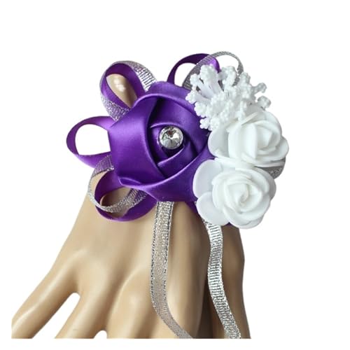 YGLEEULI Seidenrosen, weiße Ansteckblume for das Handgelenk, Blumen for Brautjungfern, Blumenarmband, rosa, blau, Brautschwestern, Hochzeitsaccessoires für Tanzparty(Purple) von YGLEEULI