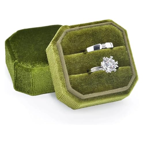 YGMNQAL Hochzeitsringbox 1 Stück Ringbox aus Samt, Doppel-Ringbox, Ring-Schmuckschatulle, 2 Schlitze, achteckig, Ring-Displayhalter for Verlobung, Hochzeit, Antrag(Grass Green) von YGMNQAL
