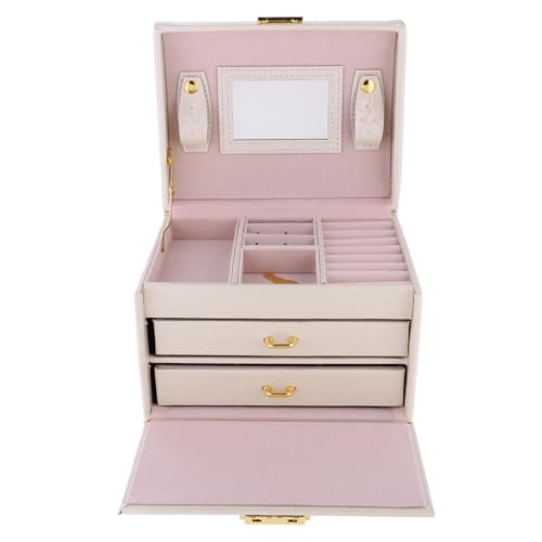 YGMNQAL Schmuck-Aufbewahrungsbox Große 3-lagige Reise-Schmuckschatulle aus PU-Leder, Display-Aufbewahrungsorganisator, Ohrring-Ring, großes Fassungsvermögen, Schmuckverpackung(Beige) von YGMNQAL
