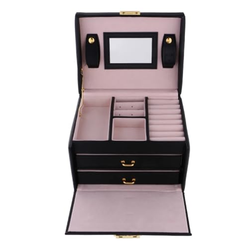 YGMNQAL Schmuck-Aufbewahrungsbox Große 3-lagige Reise-Schmuckschatulle aus PU-Leder, Display-Aufbewahrungsorganisator, Ohrring-Ring, großes Fassungsvermögen, Schmuckverpackung(Black) von YGMNQAL