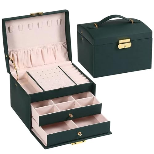 YGMNQAL Schmuck-Aufbewahrungsbox Schmuck-Aufbewahrungsbox, 1 Stück, multifunktional, dreilagig, Leder, Schubladen-Stil, Schmuckschatulle, Ohrringe, Ohrringe, Schloss, Schmuckschatulle(Green) von YGMNQAL