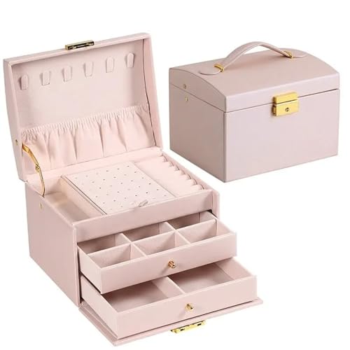 YGMNQAL Schmuck-Aufbewahrungsbox Schmuck-Aufbewahrungsbox, 1 Stück, multifunktional, dreilagig, Leder, Schubladen-Stil, Schmuckschatulle, Ohrringe, Ohrringe, Schloss, Schmuckschatulle(Pink) von YGMNQAL