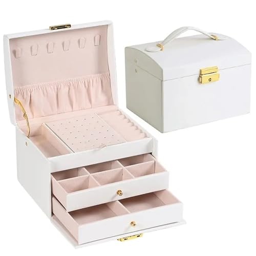 YGMNQAL Schmuck-Aufbewahrungsbox Schmuck-Aufbewahrungsbox, 1 Stück, multifunktional, dreilagig, Leder, Schubladen-Stil, Schmuckschatulle, Ohrringe, Ohrringe, Schloss, Schmuckschatulle(White) von YGMNQAL