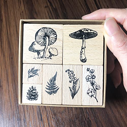 7 Stück Gummistempel aus Holz mit Pflanzen und Blumen, dekoratives Retro-Holzstempel-Set für Kunst und Handwerk, Tagebücher, DIY, Kartenherstellung, Scrapbooking von YGONTAK