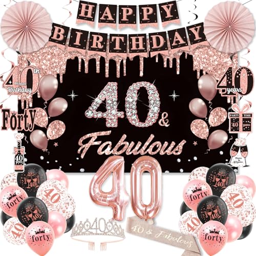 40. Geburtstag Dekorationen für Frauen, 43pcs 40th Party Supplies, Krone und Schärpe Schwarz Rose Gold Banner Zahlen Luftballons Hintergrund hängende Wirbel Papierfächer 40 Jahre alt Geburtstag von YGSEPCC