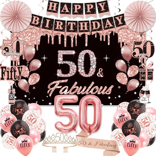 50. Geburtstag Dekorationen für Frauen, 43pcs 50th Party Supplies, Schwarz Rose Gold Happy 50th Birthday Hintergrund Zahlen Ballon Krone Schärpe Banner Hängende Wirbel Papierfächer 50 Jahre alt von YGSEPCC