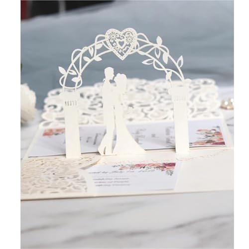 YGSGJSP Hochzeitseinladungen Karte 10 stücke 3D Pop Up Braut Und Bräutigam Hochzeitseinladungen Laser Tasche Floral Braut Dusche Engagement Einladungen(White) von YGSGJSP