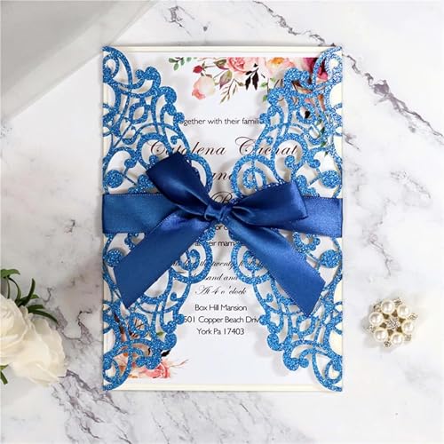 YGSGJSP Hochzeitseinladungen Karte 10 stücke Laser Cut Blau Glitter Hochzeitseinladungen Mit Band Geburtstag Glitter Grußkarten Party Dekorationen(Blue) von YGSGJSP
