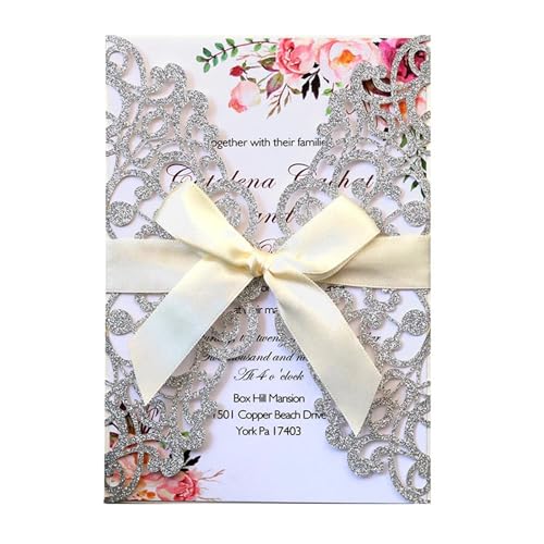 YGSGJSP Hochzeitseinladungen Karte 10 stücke Laser Cut Blau Glitter Hochzeitseinladungen Mit Band Geburtstag Glitter Grußkarten Party Dekorationen(White) von YGSGJSP