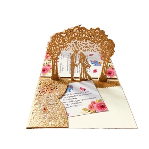 YGSGJSP Hochzeitseinladungen Karte 3D-Pop-Up-Hochzeitseinladungen for Braut und Bräutigam in Roségold, lasergeschnittene Grußkarten, Umschlag, Einladungskarten for die Brautparty(Gold) von YGSGJSP