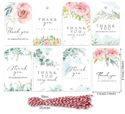YGSGJSP Hochzeitseinladungen Karte 48 stücke Danke Tags Blume Pflanze Gedruckt Weiß Papier Karten Hochzeit Party Dekoration Tags(B-with Cotton String) von YGSGJSP