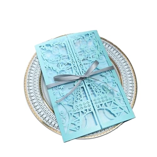 YGSGJSP Hochzeitseinladungen Karte Lasergeschnittene Geburtstagseinladung mit Eiffelturm in Rosa for Hochzeits- und Verlobungsfeier(Blue) von YGSGJSP