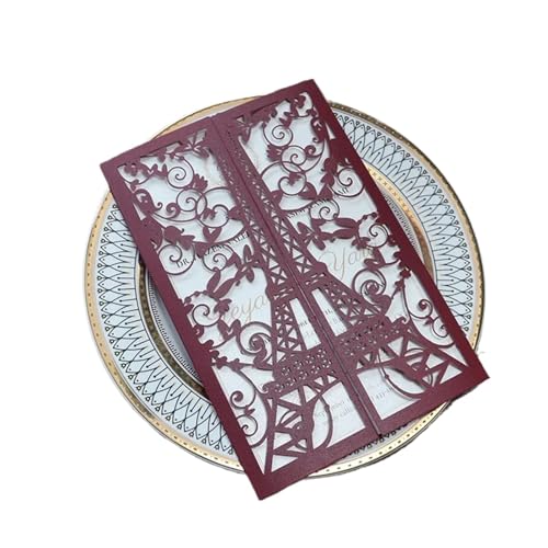 YGSGJSP Hochzeitseinladungen Karte Lasergeschnittene Geburtstagseinladung mit Eiffelturm in Rosa for Hochzeits- und Verlobungsfeier(Red) von YGSGJSP