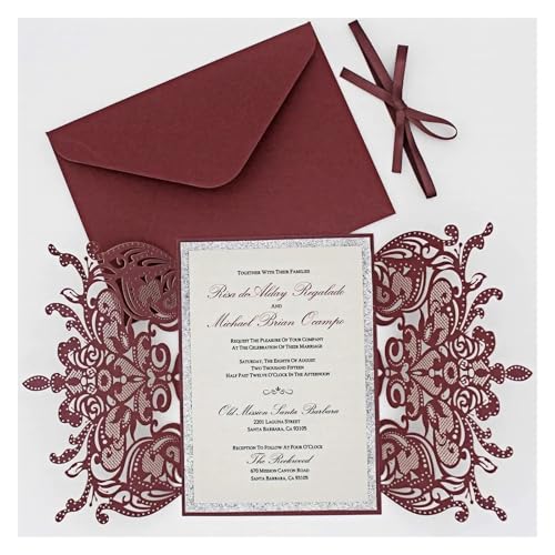 YGSGJSP Hochzeitseinladungen Karte Rosa Hochzeitseinladung Laser Blume Gold Glitter Geburtstagseinladung(Red) von YGSGJSP