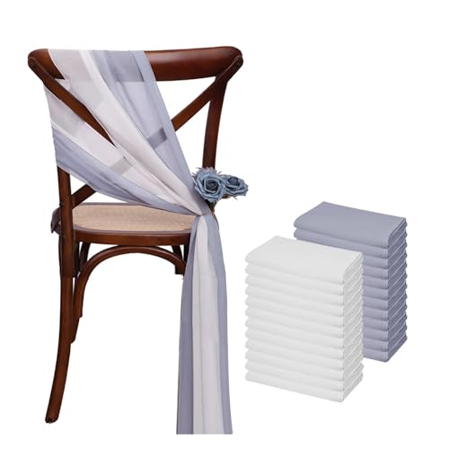 YGSGJSP Stuhl Schärpen 24 Stück 17x275cm Chiffon Stuhlschärpen 12er Set Salbeigrün Stuhlschärpen Hochzeit Stuhlhussen Band Hochzeitsfeier Gang Stuhl Dekor(White Gray Blue) von YGSGJSP