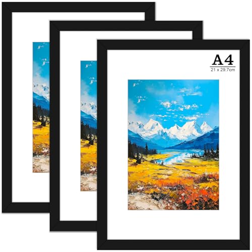 ‌YGVQN Bilderrahmen A4 Schwarz, 3er Set Hochwertiger Fotorahmen aus Acrylglas & Holz (21x29.7 cm), Leicht, Bruchsicher & Elegant, Ideal für Fotos, Poster, Zeichnungen - für Tisch- und Wandmontage von YGVQN