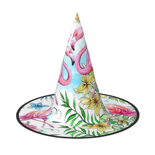 YHBLYKXP Flamingo-Blumen, verstellbarer Halloween-Hexenhut mit faltbarer Krempe, für Kostümparty, Karneval, Maskenball von YHBLYKXP
