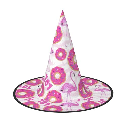 YHBLYKXP Flamingo und Donuts, verstellbarer Halloween-Hexenhut mit faltbarer Krempe, für Kostümparty, Karneval, Maskenball von YHBLYKXP