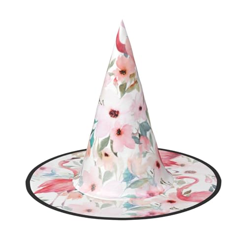 YHBLYKXP Verstellbarer Halloween-Hexenhut mit Blumenmuster und Flamingo, mit faltbarer Krempe, für Kostümparty, Karneval, Maskenball von YHBLYKXP