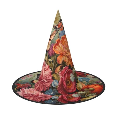 YHBLYKXP Verstellbarer Halloween-Hexenhut mit faltbarer Krempe, Blumen und Schmetterling, für Kostümpartys, Karneval, Maskenball von YHBLYKXP