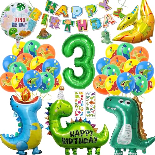 Dino Geburtstag Deko 3 Jahre, Dino Party Kindergeburtstag, Dino Luftballon Geburtstagsdeko Jungen, Zahlen Luftballon 3, Dino Deko Geburtstag Ballon, Happy Birthday Girland, Dino Sticker von YHBXAMZ
