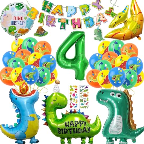 Dino Geburtstag Deko 4 Jahre, Dino Folienballon Geburtstag, Dino Ballon Geburtstagsdeko Jungen, Zahlen Luftballon 4, Dinosaurier Luftballons Dschungel Deko, Dinosaurier Spielzeug von YHBXAMZ