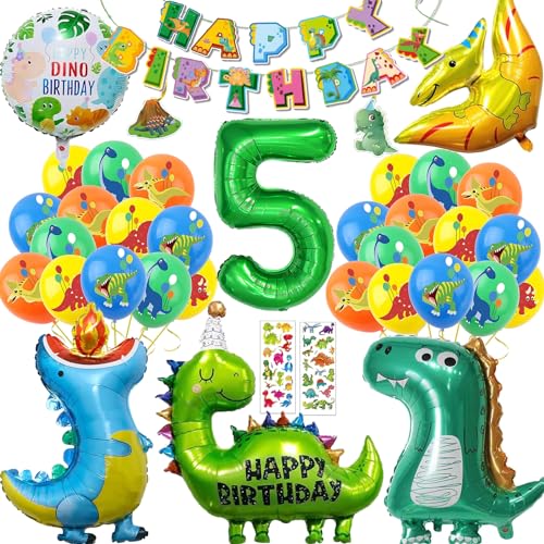 Dino Geburtstag Deko 5 jahre, Dino Deko Kindergeburtstag, Luftballon Dinosaurier Party Deko, Geburtstagsdeko Jungen 5 Jahre, 2 Blätter Dino Sticker, Happy Birthday Girland von YHBXAMZ