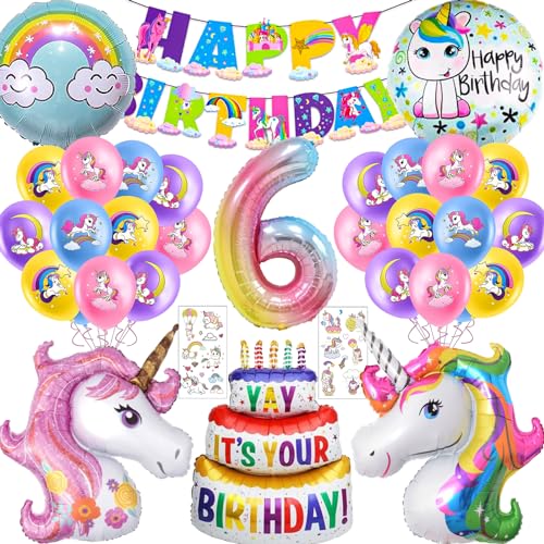 Einhorn Geburtstagsdeko 6 Jahre, Einhorn Luftballons,Einhorn Deko Kindergeburtstag, Zahlen Luftballon 6, Einhorn Party, Einhorn Sticker, Happy Birthday Girlande, Geburtstag Deko von YHBXAMZ