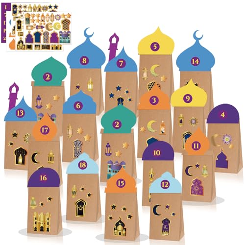 YHBXAMZ DIY Ramadan Kalender zum Befüllen, 30 Stück Papiertüten aus Kraftpapiert eid Mubarak Tüten,DIY Geschenktüten Muslimischen Deko Islam Zuckerfest Deko, mit Aufkleber und Golddruck zum Dekorieren von YHBXAMZ