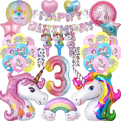 YHBXAMZ Einhorn Geburtstagsdeko Mädchen 3 Jahre, Einhorn Ballon Geschenk 3 Jahre, Einhorn Deko Kindergeburtstag, Einhorn Luftballons Geburtstagsdeko, Einhorn Party Happy Birthday Girlande von YHBXAMZ