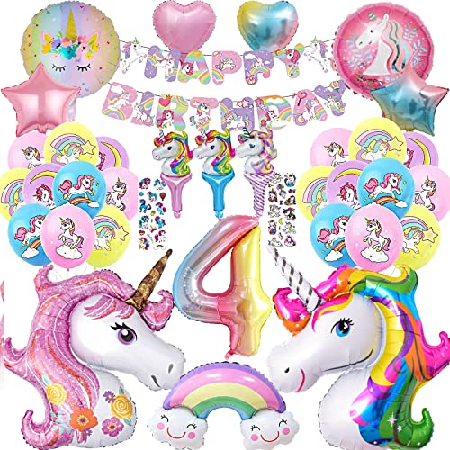 YHBXAMZ Einhorn Geburtstagsdeko Mädchen 4 Jahre, Einhorn Ballon Geschenk 4 Jahre, Einhorn Deko Kindergeburtstag, Einhorn Luftballons Geburtstagsdeko, Einhorn Party Happy Birthday Girlande von YHBXAMZ