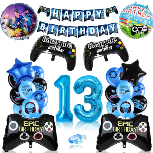 YHBXAMZ Geburtstagsdeko Jungen 13 Jahre, Geburtstag 13 Jahre Junge, Fortnit Geburtstagsdeko, Happy Birthday Girlande Banner Deko Junge, Spielthemen Ballon Dekoration von YHBXAMZ