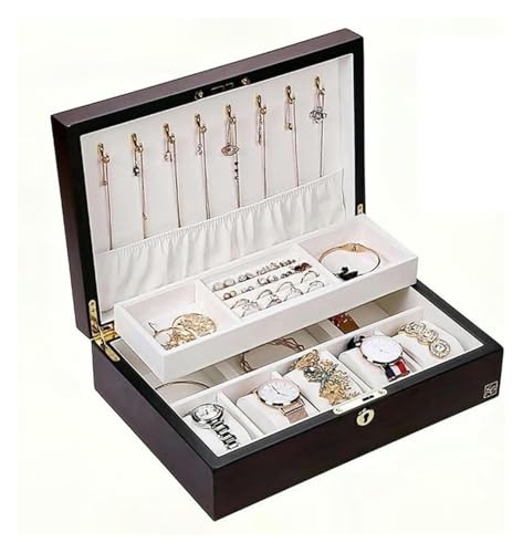 YHDMBBSHNB Schmuckkästchen, Schmuckschatulle aus Holz, Schmuckschatulle aus Holz, 2-lagig, Aufbewahrungsbox, Organizer for Halsketten, Ohrringe, Ringe, Armbänder, Uhren(Dark Red) von YHDMBBSHNB