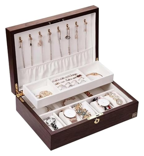 YHDMBBSHNB Schmuckkästchen, Schmuckschatulle aus Holz, Schmuckschatulle aus Holz, 2-lagig, Aufbewahrungsbox, Organizer for Halsketten, Ohrringe, Ringe, Armbänder, Uhren(Walnut) von YHDMBBSHNB