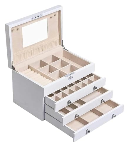 YHDMBBSHNB Schmuckkästchen, Schmuckschatulle aus Holz, Verspiegelter Uhren-Organizer for Halsketten, Ringe und Ohrringe, abschließbarer Koffer aus Holz, Schmuckschatulle(Blanc) von YHDMBBSHNB