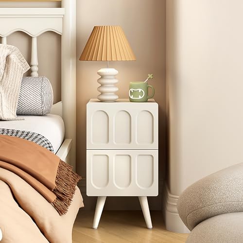 YHEIANJ Nachttisch aus Holz mit 2 Schubladen, Kleiner Nachttisch mit Stauraum, Mid-Century Modern Beistelltisch-Kommode mit Beinen aus Massivholz für Schlafzimmer, Wohnzimme，Cream 30x40x52cm von YHEIANJ