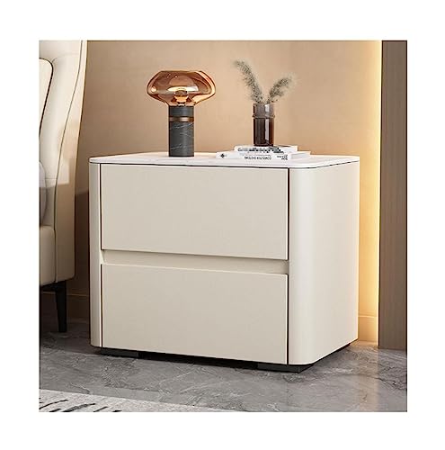 YHEIANJ Schlichter Nachttisch Nachttisch Holz Beistelltisch 2 Schubladen Nachttisch Kunstleder Nachttisch Kommode Marmor Nordischer Stein，Beige 45x40x50cm von YHEIANJ