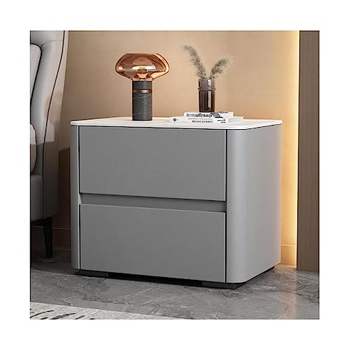 YHEIANJ Schlichter Nachttisch Nachttisch Holz Beistelltisch 2 Schubladen Nachttisch Kunstleder Nachttisch Kommode Marmor Nordischer Stein，Grey 45x40x50cm von YHEIANJ