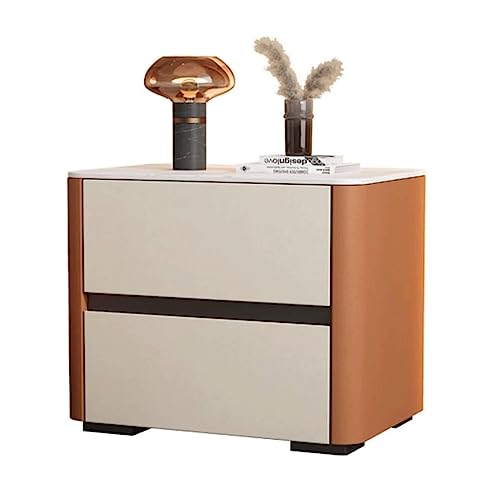 YHEIANJ Schlichter Nachttisch Nachttisch Holz Beistelltisch 2 Schubladen Nachttisch Kunstleder Nachttisch Kommode Marmor Nordischer Stein，Orange 45x40x50cm von YHEIANJ
